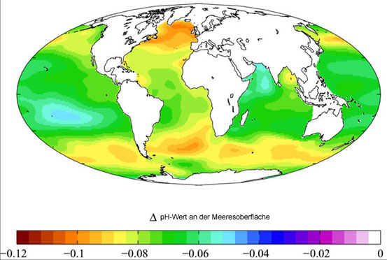 Geschätzte Verringerung des pH-Werts an der Meeresoberfläche durch anthropogenes Kohlendioxid in der Atmosphäre zwischen ca. 1700 und den 1990er-Jahren.