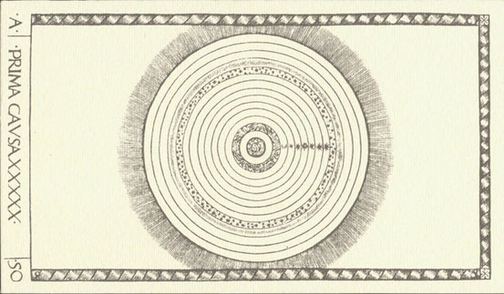 Die ranghöchste Karte der Mantegna Tarocchi (um 1465) soll die prima causa als den ganzen Kosmos darstellen.