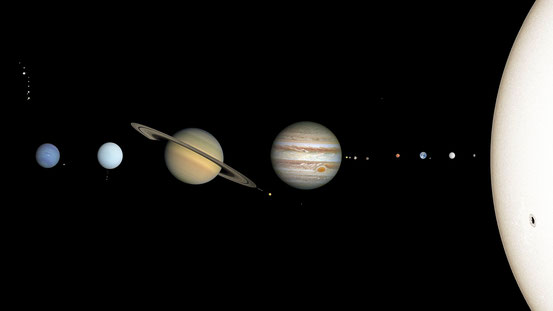 Ein stark idealisiertes Modell des Sonnensystems. Bildurheber: CactiStaccingCrane (CC BY-SA 4.0).