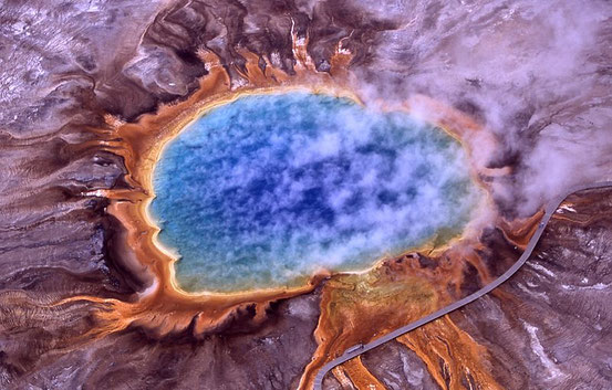 Thermophile, die zur Kategorie der Extremophilen gehören, erzeugen einen Teil der hellen Farben des Grand Prismatic Spring, Yellowstone National Park.