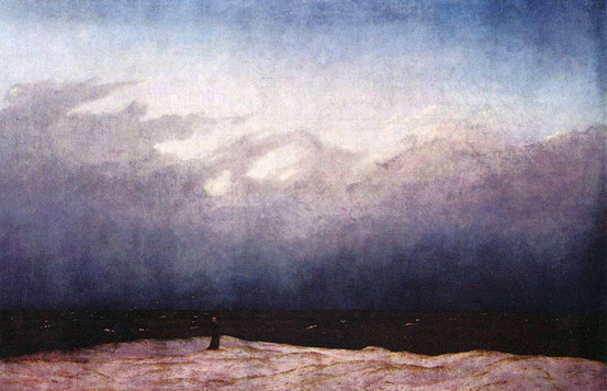 Caspar David Friedrich, Der Mönch am Meer (1808–1810). Das Bild thematisiert die Frage nach der Stellung und der Bedeutung des Menschen im Weltganzen.