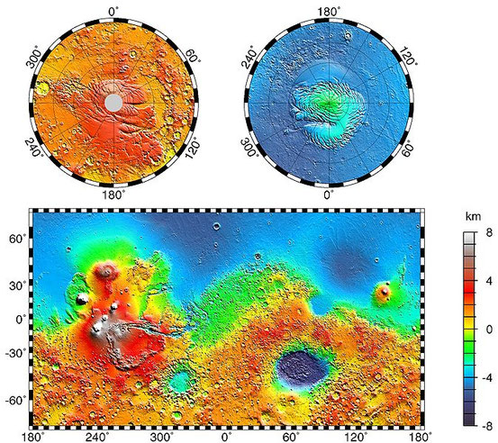 Topografische Karte des Mars. Die blauen Regionen befinden sich unterhalb des festgelegten Nullniveaus, die roten oberhalb