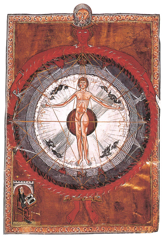 Hildegard von Bingen, Liber Divinorum Operum (13. Jh.). Der Mensch im Mittelalter ist als Mikrokosmos Spiegel des Makrokosmos – und zugleich Ebenbild Gottes.