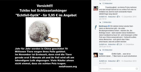 Alarmistischer Fehlalarm über angebliches Tchibo Fellprodukt bei facebook und Kommentar eines Lesers dazu im Dezember 2015 (Bild:facebook)