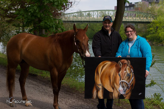 Ein persönliches Treffen der Künstlerin Hanna Stemke mit Hengst "I am a Ruf Boy" und Cody Sapergia auf der Messe Pferd Wels