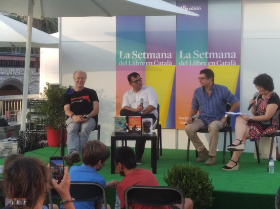 Presentació de novetats juvenils a la Setmana. D'esquerra a dreta: Jordi de Manuel, Toni Mata, Alfred Sala i Mixa