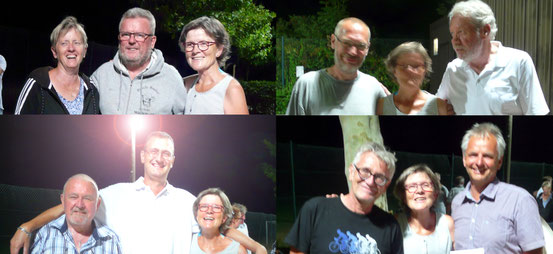 Barbara und Klaus, Rainer und Karl, Jürgen und Ralf, Johannes und Francis in Uhrzeigersinn jeweils mit Turnierleiterin Iris