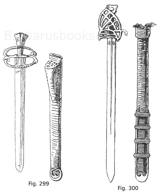 Fig. 299. Landsknechtschwert des kaiserlichen Feldobersten Ulrich von Schellenberg (ca. 1487—1558). Der Griff aus Messing ist vergoldet. Die Lederscheide enthält ein Besteck für acht Messer und einen Pfriem. Auf den Griffen der ersteren sind Minnesprüche 