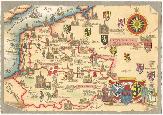 Carte postale représentant les anciennes provinces du Nord de la France.