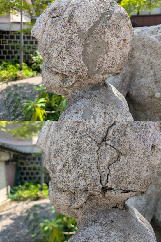 「赤い蝋燭と人魚」の像。修理２日目。今日は、深いビビを埋めました。次回は表面の修理になります。８月２５日