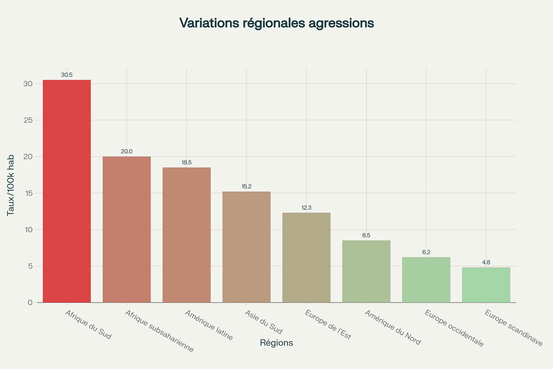 Variations régionales significatives des agressions au couteau : disparités mondiales (pour 100 000 habitants)