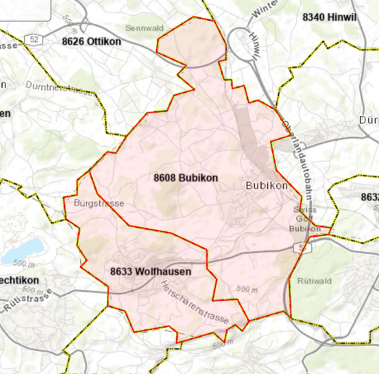 Die «Grenze» zwischen Bubikon und Wolfhausen nach Postleitzahlen (Bild: Screenshot post.ch)