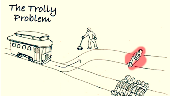 Ein klassischer Utilitarist würde sich im Trolley-Problem für das Umstellen der Weiche entscheiden, da so fünf Menschenleben auf Kosten des einen gerettet würden und in Summe weniger schlechte Konsequenzen auftreten bzw. weniger Leid erzeugt werden würde
