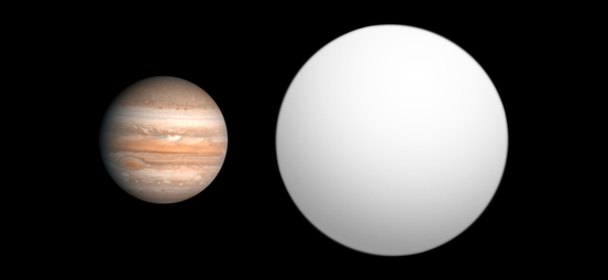 Größenvergleich zwischen Jupiter (links) und TrES-4 (rechts), einem der größten bekannten Exoplaneten