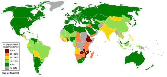Karte des Anteils an unterernährten Menschen an der Gesamtbevölkerung nach Staat.