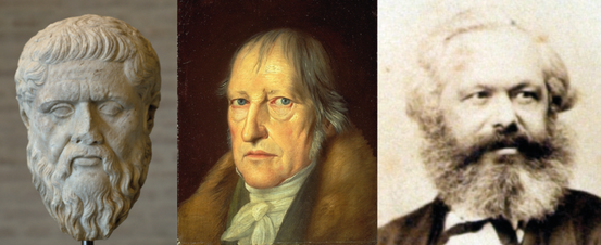 Platon, G. W. F. Hegel und Karl Marx (v.l.n.r.)