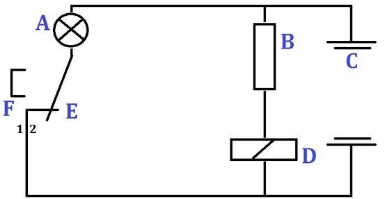(A = Lämpchen, B = lichtempfindlicher Widerstand, C = Batterie, D = Relais, E = Schalter, F = Umschalter)