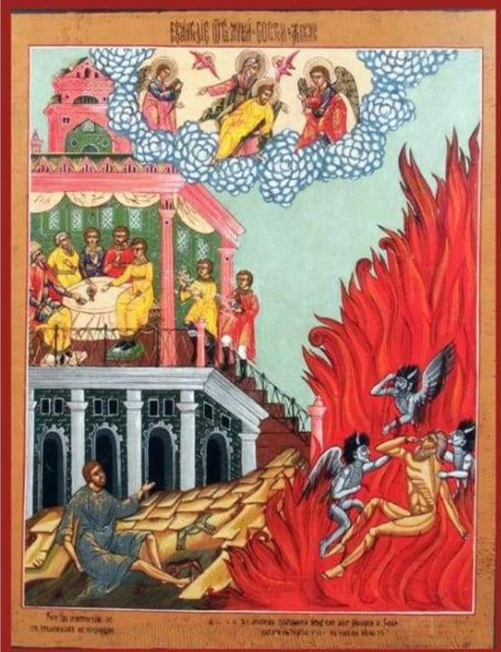 Oben: Der rme Lazarus im Himmel, der unbarmherzige Riche in der Hölle
