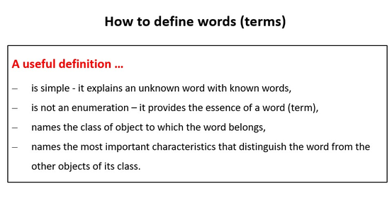 How to define a word / a term - known unknown word - essence - class of object - distinguishing characteristics -www.learn-study-work.org