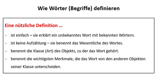 Wie Wörter Begriffe definieren - unbekanntes bekanntes Wort - Wesentliche - Klasse Art - Merkmale unterscheiden - www.learn-study-work.org