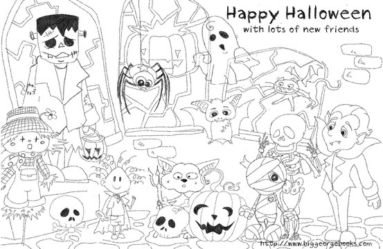 cute monster  book Big George children illustrhalloween activities coloring free download worsheet monsters, halloween monsters,  celebration pumpkin, vampire, skull skeletton, mummy, devil, frankenstein, ghost, bat, scarecrow, cat, spider, haunted caslte