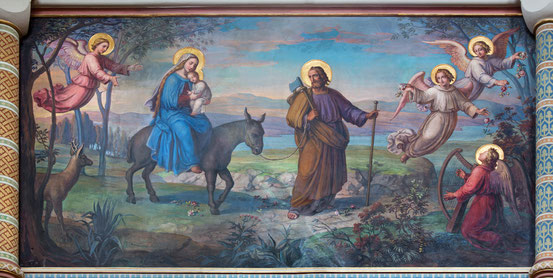 Flucht der Heiligen Familie nach Ägypten, Fresco von Josef Kastner in der Karmeliterkirche in Dobling 