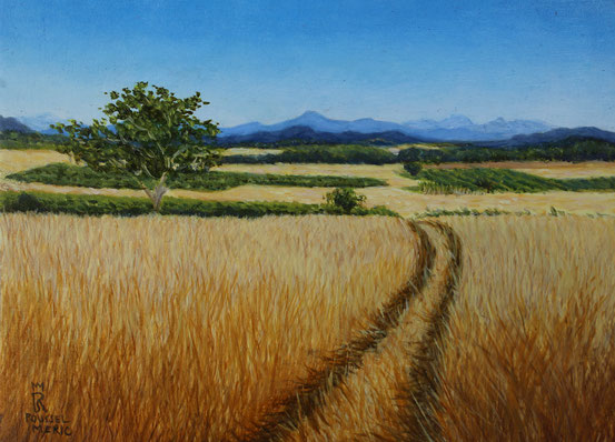peinture-hyperrealisme-paysage-ete-sud-france-collines-jaune-bleu-roussel-meric