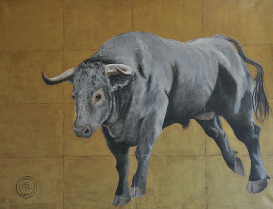 peinture-taureau-gris-toro-corridas-fond-or-artiste-sylvie-roussel-meric