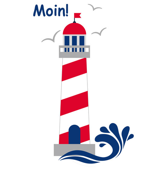 Wandaufkleber Leuchtturm  mit Möwen, Wellen und norddeutschen Gruß: Moin!
