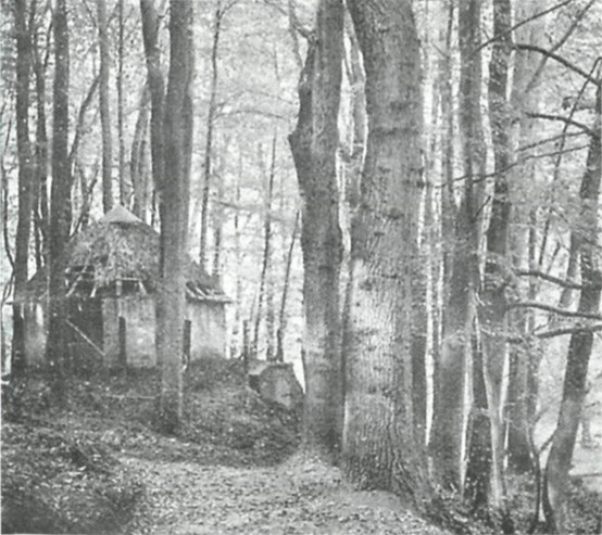 Hutje met rieten dak op de historische ijskelder in Sonsbeek in 1915