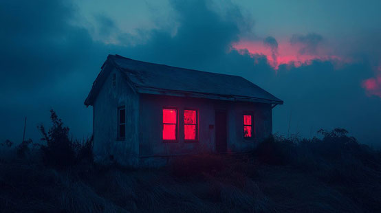 Ein Foto eines alten Hauses mitten im Nirgendwo, mit roten Lichtern darin, einem nebligen Nachthimmel und blauen und violetten Farbtönen, die eine filmreife Atmosphäre schaffen