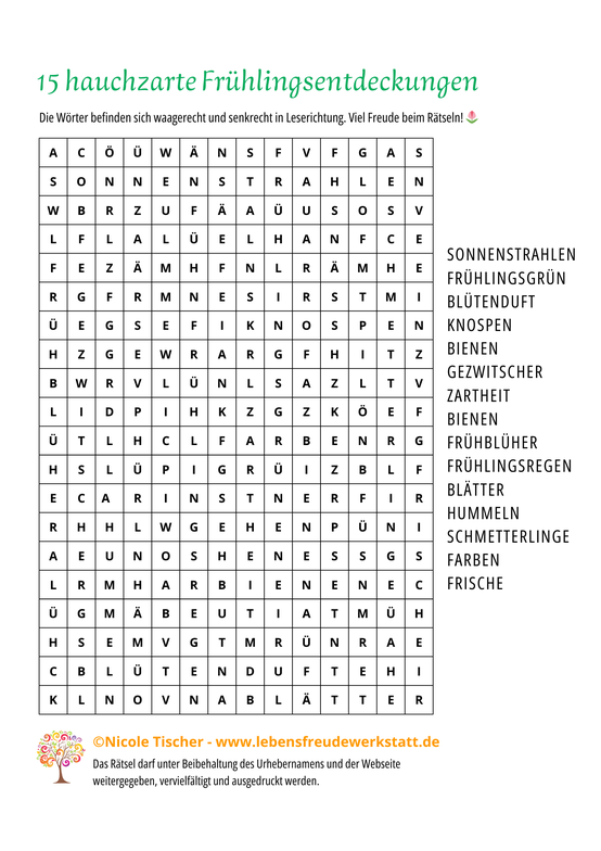 Ein kleines Wörtersuchrätsel zur liebevollen Erinnerung an die eigene Selbstfürsorge im Frühling