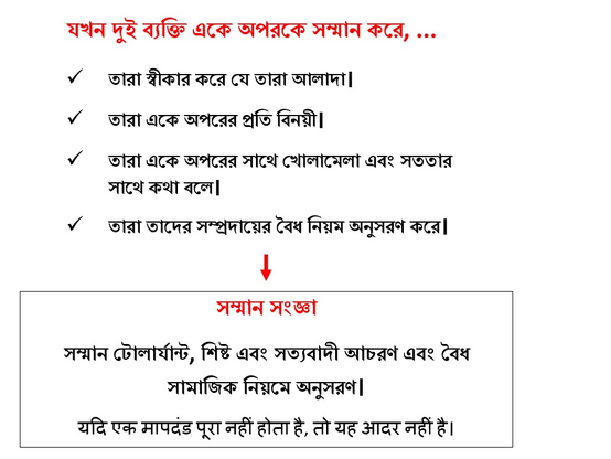 সম্মান কি? - সংজ্ঞা: সম্মান টোলার্যান্ট, শিষ্ট এবং সত্যবাদী আচরণ এবং বৈধ সামাজিক নিয়মে অনুসরণ। - www.learn-study-work.org