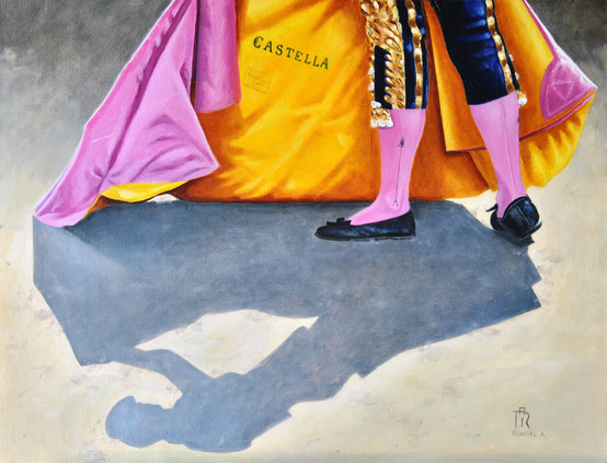 peinture-hyperrealisme-corrida-ombre-toreador-arenes-nimes-cape-jaune-rose-art-sylvie-roussel-meric