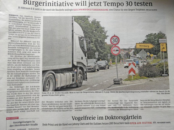 Wenn es nach der Bürgerinitiative Albtraum B8 ginge, könnte die Geschwindigkeitsbegrenzung probehalber während der Bauzeit für die gesamte Ortsdurchfahrt gelten.