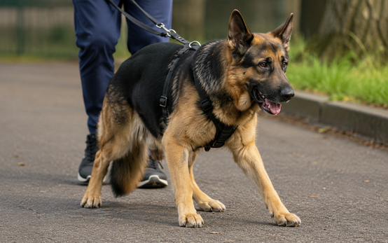 Deutscher Schäferhund mit vorsichtigem Gang an Brustgeschirr und Leine bei neurologischer Unsicherheit der Hintergliedmaßen.