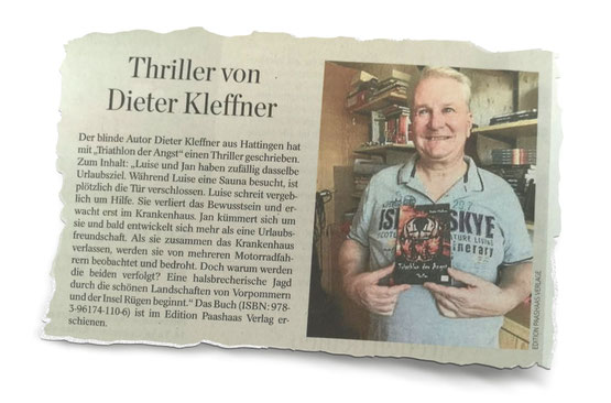 Abbildung des Presseartikels. Der Text beinhaltet im Wesentlichen den o.g. Klappentext sowie o.g. Bestellinfos und Buchdaten. Nebenstehend ist ein Foto von abgebildet, auf dem Dieter Kleffner lächelnd ein Buchexemplar in Händen hält.