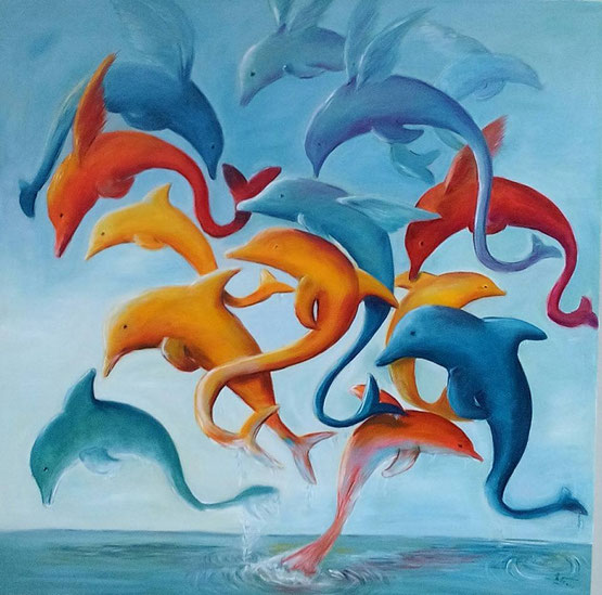Wenn das Wetter mich vom plein air Malen abhält, vertiefe ich mich in eine  Art Parallelwelt, Flying dolphins Acryl 90 x 90