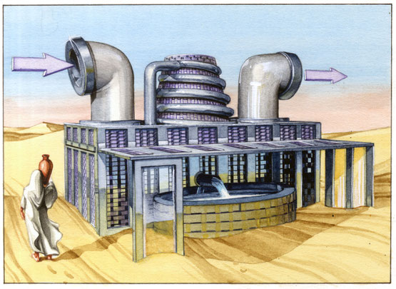 il collettore attivo, aspira l'aria e utilizza i filtri di carbonio per trattenere l'acqua. Per limitare il consumo, funziona a pannelli solari. (prototipo)