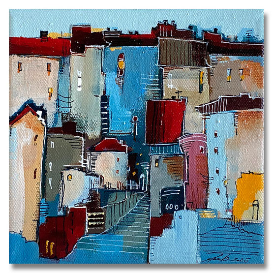 01 „STADTLANDSCHAFT“  – Mischtechnik auf Leinwand auf 2cm Keilrahmen - licht- und farbecht endfixiert  – Größe: 15x15 – VERKAUFT