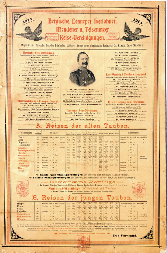 Brieftauben Reiseplan aus 1914 Bergische Reisevereinigung