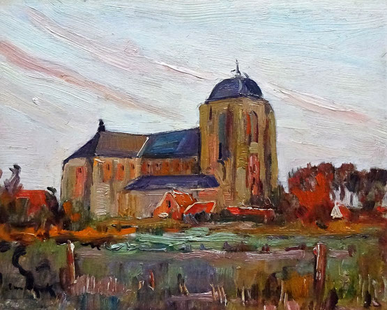 A.J. van Dijck (Alfons) Veere, kunstschilder. Schilderij Grote Kerk Veere te koop.