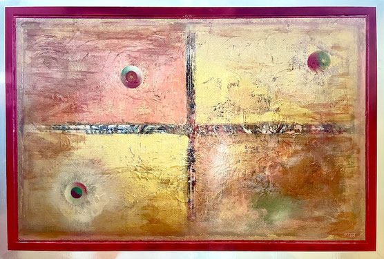 Abstraktes Gemälde „SOFFITTE“ von Andreas Alka alias „FLoYd“, 129 × 87 cm, Unikat von 12/2016, vier metallisch schimmernde Flächen mit zerriebenem Glas, inspiriert von der Theater-Soffitte, handgefertigter Holzrahmen.