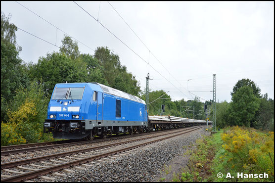 076 004-5 (PRESS 285 104-2) fehlte mir noch in meiner Sammlung. Am 1. September 2017 konnte ich die letzte der vier PRESS-285er in Chemnitz-Furth mit einem Schwellenzug fotografieren