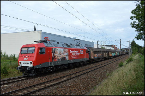 Auch am 25. August 2021 schleppt 156 004-4 den GA 60073 von Braunschweig nach Mosel. In Chemnitz-Schönau konnte ich so die andere Seite der Lok in Augenschein nehmen