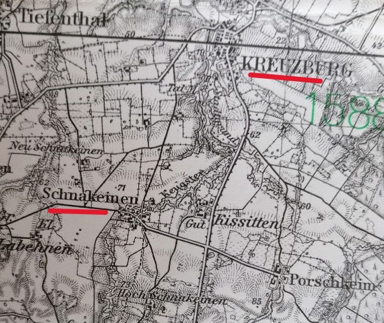 Zu Schnakeinen gehörten Neu- und Hochschnakeinen. Durch das Dorf floß der Keygster. Zugehörig zu Kirche und Standesmat Kreuzburg. 