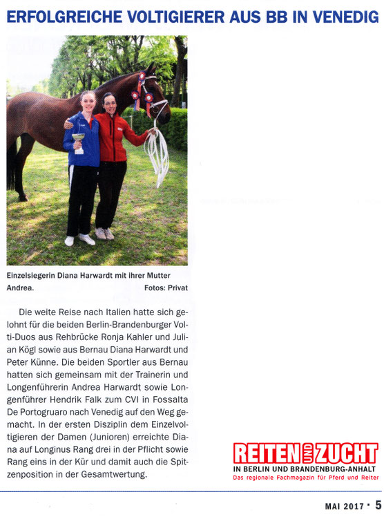 Siegbeim CVI Fossalta für den RVI, dieser Artikel erschien in der Ausgabe Mai 2017 "Reiten und Zucht"