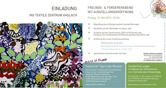 Einladung zur Ausstellungseröffnung der 7. Europäischen Quilttriennale in Haslach Austria; Die Einladung zeigt ein Bilde des Art Quilts : Topographity von Jutta Kohlbeck und gibt Informationen zur Ausstellung