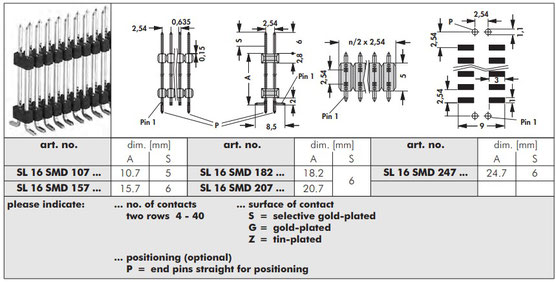 SL 16 SMD   表面実装用ピンヘッダ 2.54mmピッチ 基板対基板用 2列