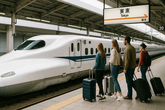 Shinkansen at Tokyo Station platform with travelers and luggage